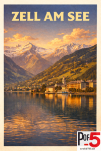 Vintage travel poster of Zell am See at sunset with snow-capped Austrian Alps, lakeside town, glowing water reflections, and warm golden mountain light.