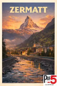 Vintage-style travel poster of Zermatt, Switzerland, featuring the Matterhorn glowing at golden hour above the village, with warm sunlight reflecting on the mountain river.