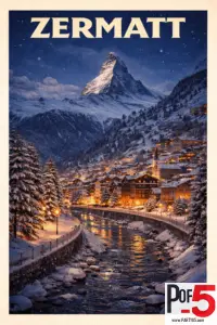 Vintage-style Zermatt winter night poster featuring the snowy Matterhorn above a glowing Alpine village and a river lined with snow-covered trees.