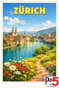 Vintage-style Zürich travel poster featuring a bright summer scene with wildflowers, turquoise Limmat River, historic Old Town buildings, and iconic church spires under a clear blue sky.