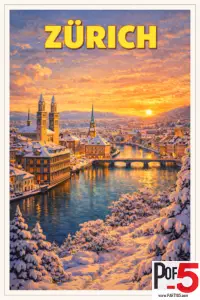 Vintage-style Zurich winter travel poster showing a snowy Old Town at sunset, with warm golden light reflecting on the Limmat River and historic church towers.