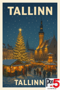 Vintage travel poster of Tallinn Christmas Market in Estonia, snowy Old Town square with glowing lights and winter market stalls.