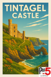 Vintage-style illustration of Tintagel Castle on Cornwall’s cliffs, with rugged coastline, turquoise sea, and dramatic coastal path in warm sunlight.