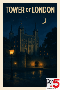 Vintage night-time poster of the Tower of London with lamplight and crescent moon.