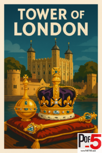 Vintage travel poster of the Tower of London showing the Crown Jewels displayed on a red velvet cushion with the historic castle and river in the background.