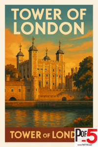 Vintage-style travel poster of the Tower of London at sunset, showing the castle’s stone walls, turrets, and warm golden reflections on the River Thames.