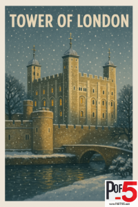 Vintage travel poster of the Tower of London in winter, with snowfall, warm glowing windows, stone walls, and a snowy river scene at night.