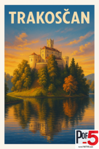 Vintage-style illustration of Trakošćan Castle in Croatia at sunset, surrounded by forested hills with golden light reflecting on a calm lake.