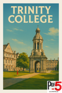 Vintage travel poster of Trinity College Dublin featuring the Campanile, historic stone buildings, green lawns, and a warm blue sky.