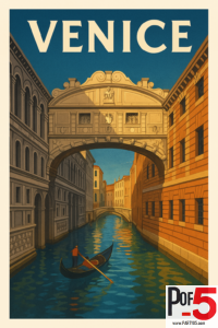 Vintage travel poster of Venice showing a gondolier rowing beneath the historic Bridge of Sighs over a sunlit canal between classical Italian buildings.