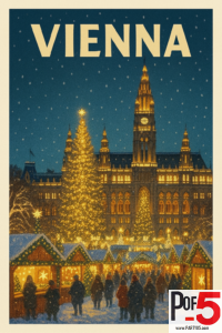 Vintage poster of Vienna’s Christmas market at Rathausplatz with snowy night lights.