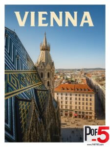 Vintage-style Vienna travel poster showing the colorful tiled roof of St. Stephen’s Cathedral with its Gothic tower and a panoramic view over Stephansplatz and the city below.