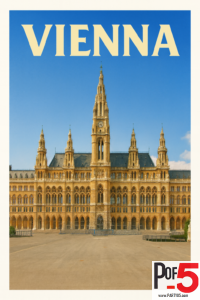 Vintage-style Vienna travel poster featuring the iconic Rathaus (Vienna City Hall) with its central clock tower and Gothic Revival façade under a clear blue sky.