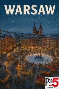 Vintage travel poster of Warsaw Old Town Christmas Market with snow, ice skating rink, colorful townhouses, Christmas lights, and winter crowds in Poland.