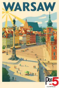 Vintage-style travel poster of Warsaw’s Old Town showing Castle Square, Sigismund’s Column, colorful townhouses, and the Royal Castle on a sunny day.