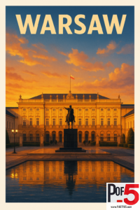 Vintage travel poster of the Warsaw Presidential Palace at sunset, with warm orange skies, historic architecture, statue in foreground, and reflecting pool.