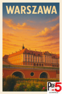 Vintage-style travel poster of Warsaw at sunset, featuring the Royal Castle illuminated in warm golden light with gardens and archways in the foreground under a glowing orange sky.