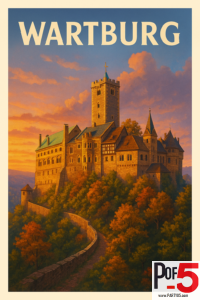 Vintage-style illustration of Wartburg Castle at sunset overlooking autumn forested hills.