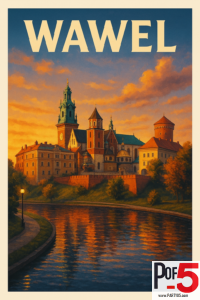 Vintage travel poster of Wawel Castle in Kraków at sunset with warm orange skies, historic towers, cathedral domes, and reflections on the riverbank.