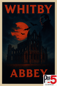 Vintage gothic poster of Whitby Abbey with Dracula silhouette, red moon, dark clouds, and bats flying over the ruins at night.