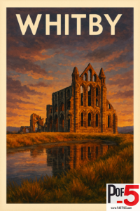 Vintage travel poster of Whitby Abbey at sunset with dramatic sky, ancient Gothic stone ruins, warm golden light, and reflective water in the foreground.