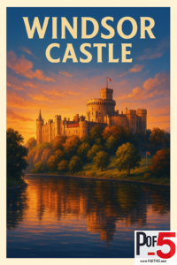 Vintage travel poster of Windsor Castle at sunset with golden light, lush trees, and warm reflections on the river.