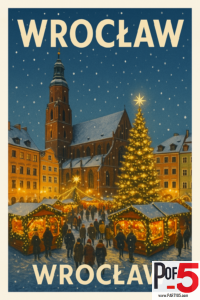 Vintage winter illustration of Wrocław’s Christmas Market with glowing stalls, a large tree, snow, and historic church skyline.