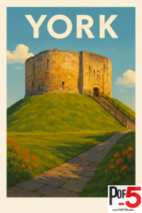 Vintage travel poster of York featuring Clifford’s Tower on a green hill under a bright sky, with a stone path and flowers in the foreground.