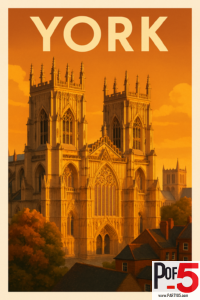 Vintage travel poster of York Minster at sunset with golden light illuminating the Gothic cathedral towers above the rooftops of York.