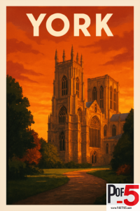 Vintage travel poster of York Minster at sunset, featuring warm orange skies, Gothic cathedral architecture, and a classic retro art style.