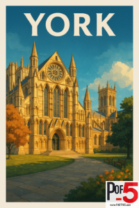 Vintage-style travel poster of York Minster cathedral with Gothic architecture, rose window, autumn trees, and a bright blue sky.