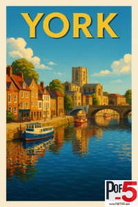 Vintage travel poster of York showing colorful riverside buildings, boats on the River Ouse, and York Minster under a bright blue sky.