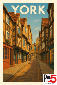 Vintage-style illustration of York’s famous medieval Shambles street, with timber-framed houses, cobblestone lanes, and warm evening light.