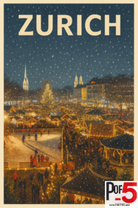 Vintage travel poster of Zurich Christmas Market at night with falling snow, glowing market stalls, Christmas tree lights, ice skating rink, and historic Zurich skyline.