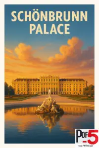 Vintage-style travel poster of Schönbrunn Palace in Vienna at golden hour, featuring the grand Baroque façade reflected in a formal palace fountain under a warm sunset sky.
