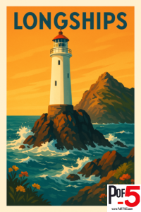 Vintage-style coastal travel poster featuring a white lighthouse standing on rugged seaside cliffs with crashing waves, warm sunset skies, and dramatic ocean scenery in a classic illustrated style.