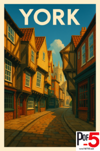 Vintage-style travel poster of York, England, showing a narrow medieval street lined with timber-framed houses, warm brick facades, cobblestone paving, and York Minster rising in the distance under a clear blue sky.