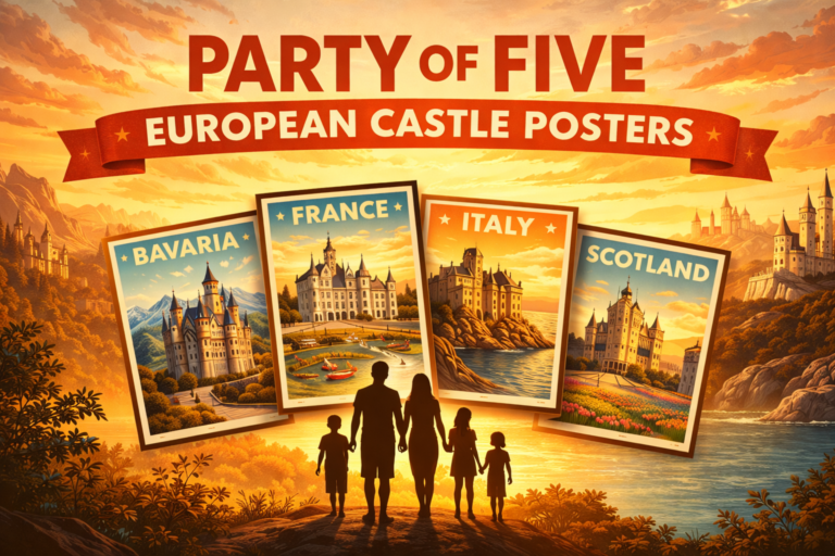 European castle posters in vintage travel style featuring castles from Bavaria, France, Italy, and Scotland by Party of 5