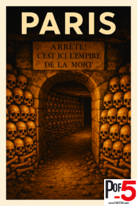 Vintage-style travel poster of the Paris Catacombs, showing a candle-lit stone archway lined with stacked human skulls and bones, featuring the French warning inscription above the entrance in a dark, atmospheric underground corridor.