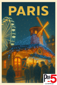 Vintage-style travel poster of Paris at night, featuring a glowing Parisian market pavilion with illuminated windmill blades, festive lights, crowds of people, and a Ferris wheel in the background.