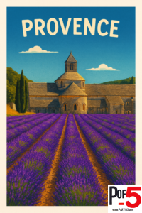 Vintage-style travel poster of Provence featuring endless purple lavender fields leading to a historic stone abbey under a clear blue sky, illustrated in a classic European poster style.