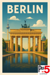 Vintage travel poster of Berlin Germany featuring the Brandenburg Gate reflected in water with the Berlin TV Tower in the background