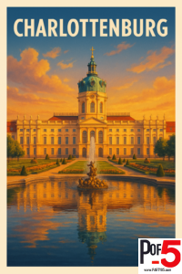 Vintage-style travel poster of Charlottenburg Palace in Berlin at golden hour, featuring the baroque palace façade, central fountain, manicured gardens, and warm sunset sky reflected in water.
