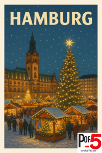 Vintage-style travel poster of Hamburg Christmas Market at night, featuring a glowing Christmas tree, snow-covered wooden stalls, warm golden lights, and Hamburg Rathaus illuminated in the background.