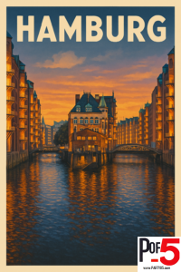 Vintage-style travel poster of Hamburg’s Speicherstadt at sunset, showing historic brick warehouse buildings lining a canal, glowing golden windows, arched bridges, and warm reflections in calm water under an orange evening sky.