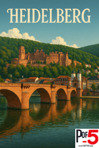Vintage-style travel poster of Heidelberg featuring Heidelberg Castle overlooking the Old Bridge across the Neckar River, illustrated in a classic European travel poster style.