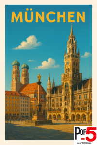 Vintage-style travel poster of Munich’s Marienplatz featuring the Neues Rathaus clock tower, Frauenkirche domes, Marian column, and historic Bavarian architecture under a clear blue sky.