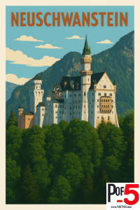 Vintage-style travel poster of Neuschwanstein Castle perched above forested Bavarian hills, featuring white stone towers, alpine mountains, and a clear blue sky in a classic European illustration style.