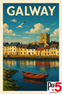 Vintage-style travel poster of Galway’s colorful waterfront houses along Galway Bay, featuring historic stone buildings, calm water reflections, and a coastal Irish skyline under a blue sky.