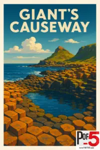 Vintage-style travel poster of the Giant’s Causeway in Northern Ireland, showing iconic hexagonal basalt columns along the rugged Atlantic coastline in a classic travel poster illustration.
